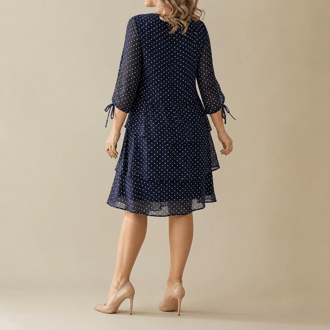 Florenne - Layered Chiffon Polka Dot Dress Navy
