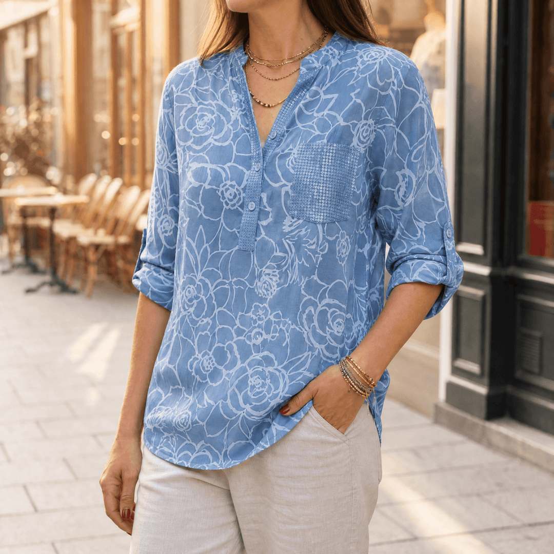 Florenne – Sequin Pocket Floral Blouse for Women Dusty Blue Floral / S