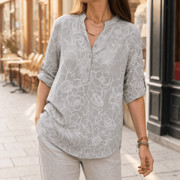 Florenne – Sequin Pocket Floral Blouse for Women Light Gray Floral / S