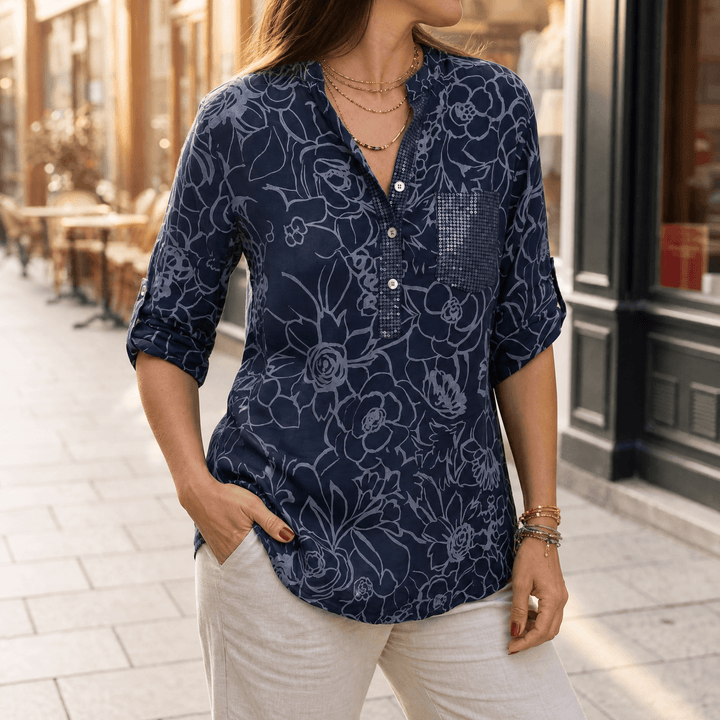 Florenne – Sequin Pocket Floral Blouse for Women Navy Floral / S