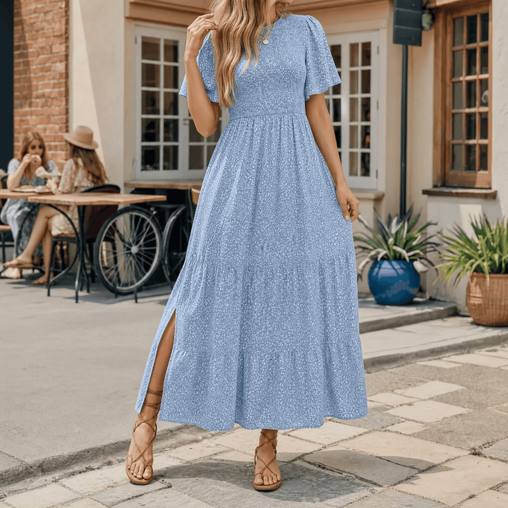 Florenza – Smocked Floral Maxi Dress for Spring Dusty Blue