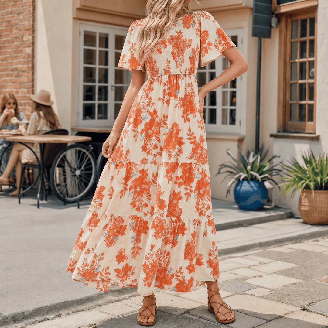 Florenza – Smocked Floral Maxi Dress for Spring Orange Bloom