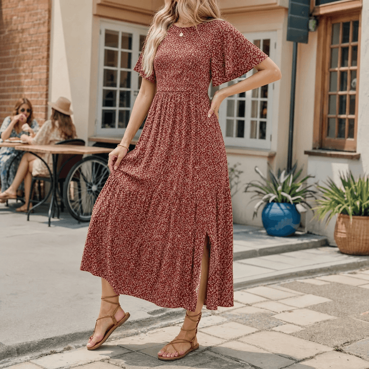 Florenza – Smocked Floral Maxi Dress for Spring Rust Ditsy