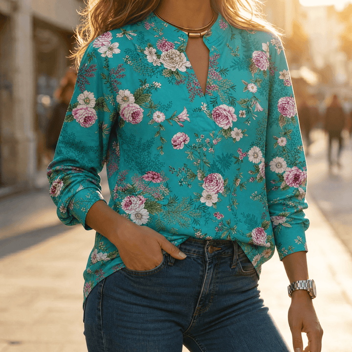 Florenza – Watercolor Floral V-Neck Blouse Teal Rose / S