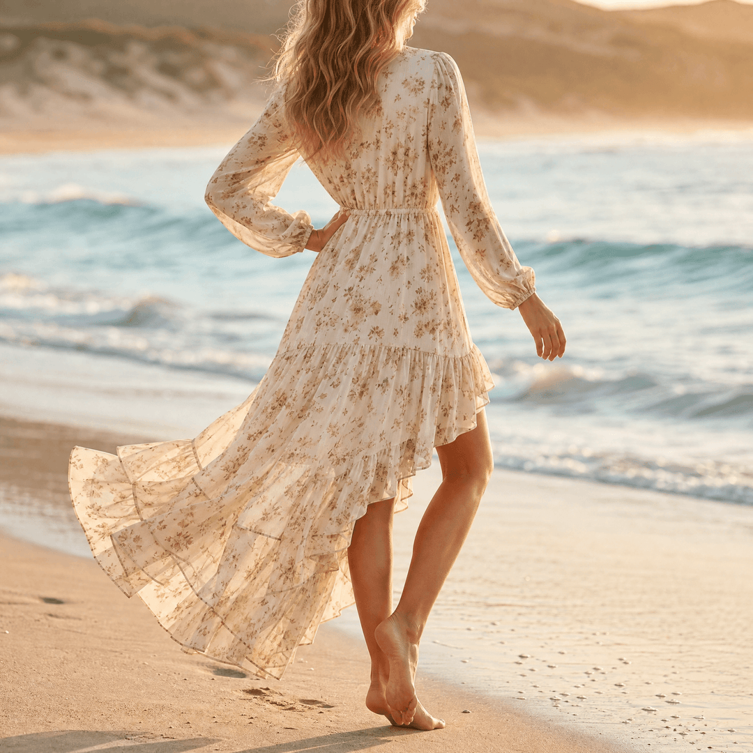 Florenza – Women's Asymmetric Boho Maxi Dress Beige