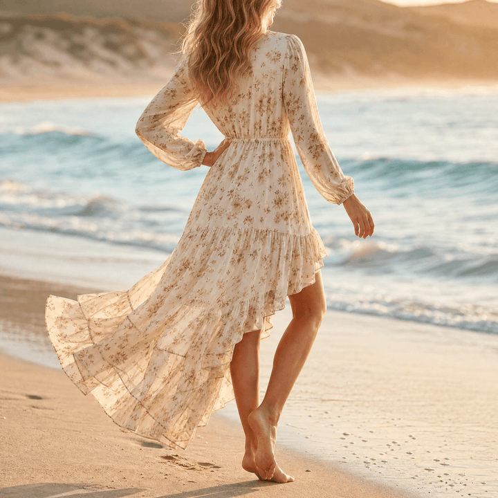 Florenza – Women's Asymmetric Boho Maxi Dress Beige