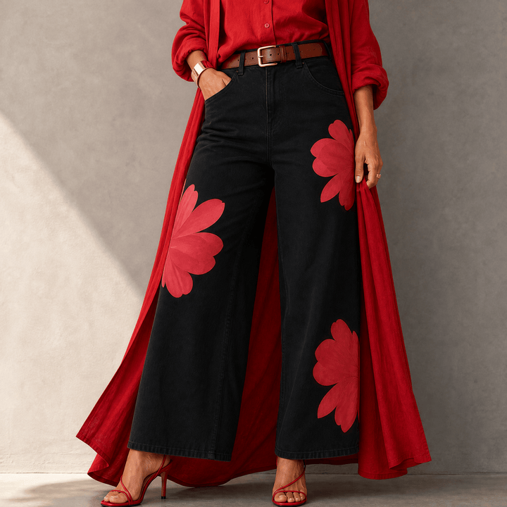 Florenza – Women's Bold Floral Wide-Leg Jeans Black red
