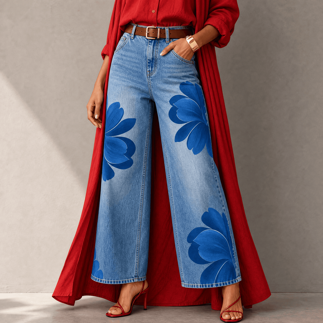 Florenza – Women's Bold Floral Wide-Leg Jeans Blue