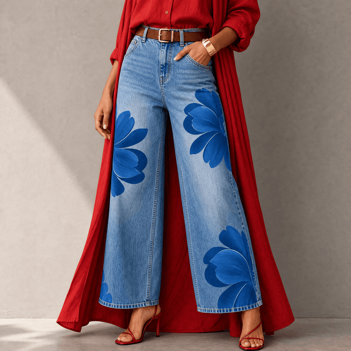 Florenza – Women's Bold Floral Wide-Leg Jeans Blue