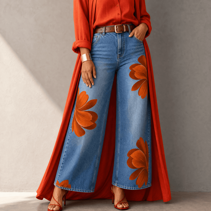 Florenza – Women's Bold Floral Wide-Leg Jeans Orange