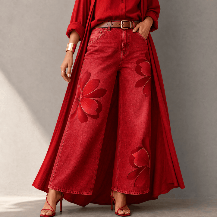 Florenza – Women's Bold Floral Wide-Leg Jeans Red