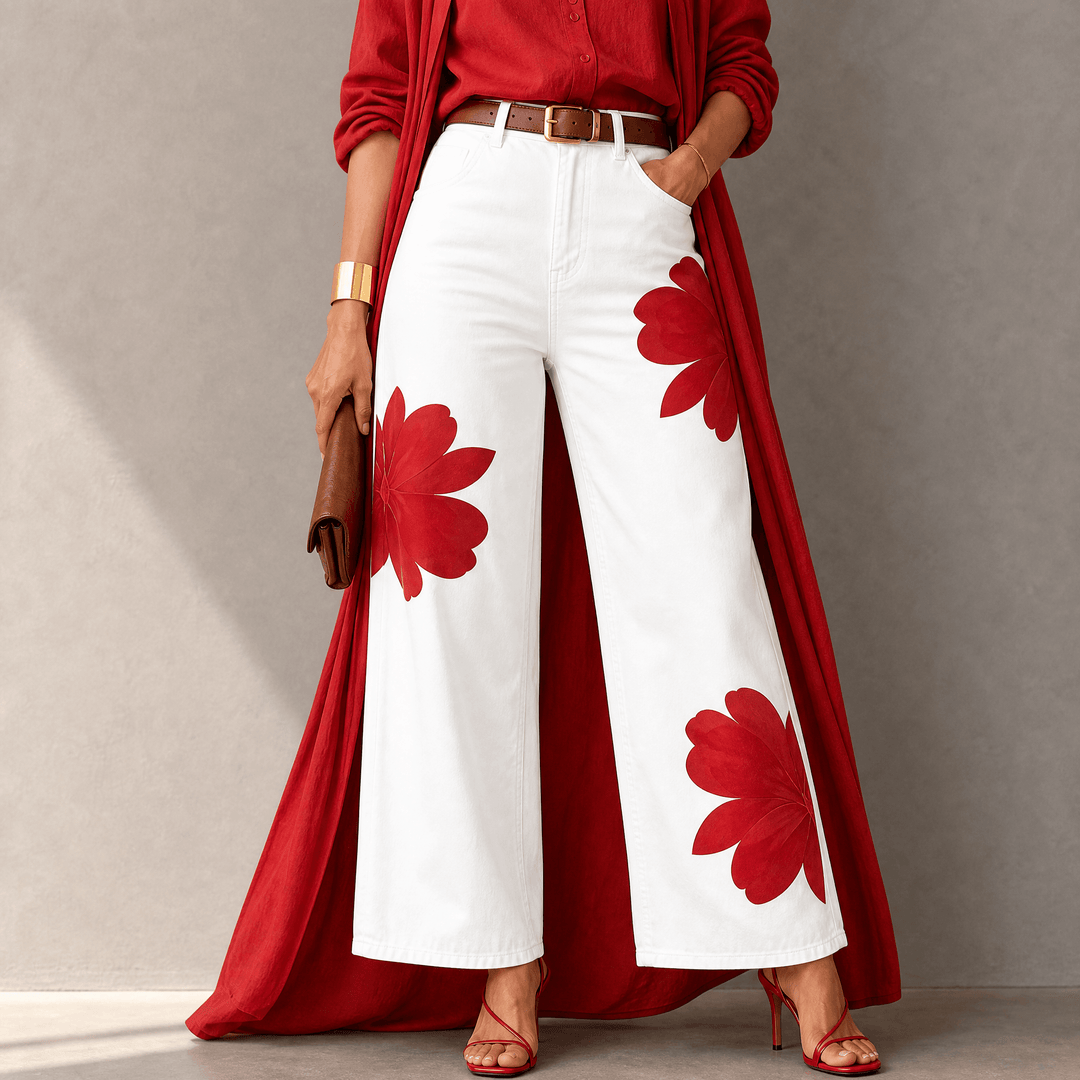Florenza – Women's Bold Floral Wide-Leg Jeans White red