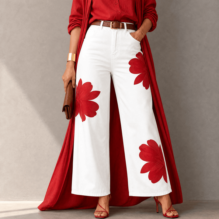 Florenza – Women's Bold Floral Wide-Leg Jeans White red