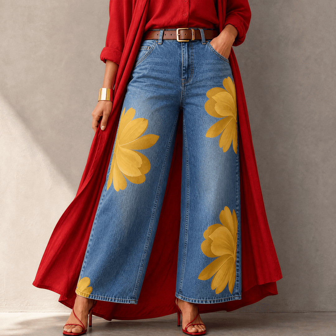 Florenza – Women's Bold Floral Wide-Leg Jeans Yellow