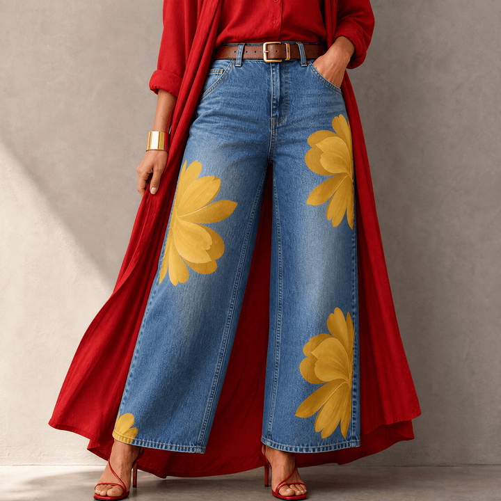 Florenza – Women's Bold Floral Wide-Leg Jeans Yellow