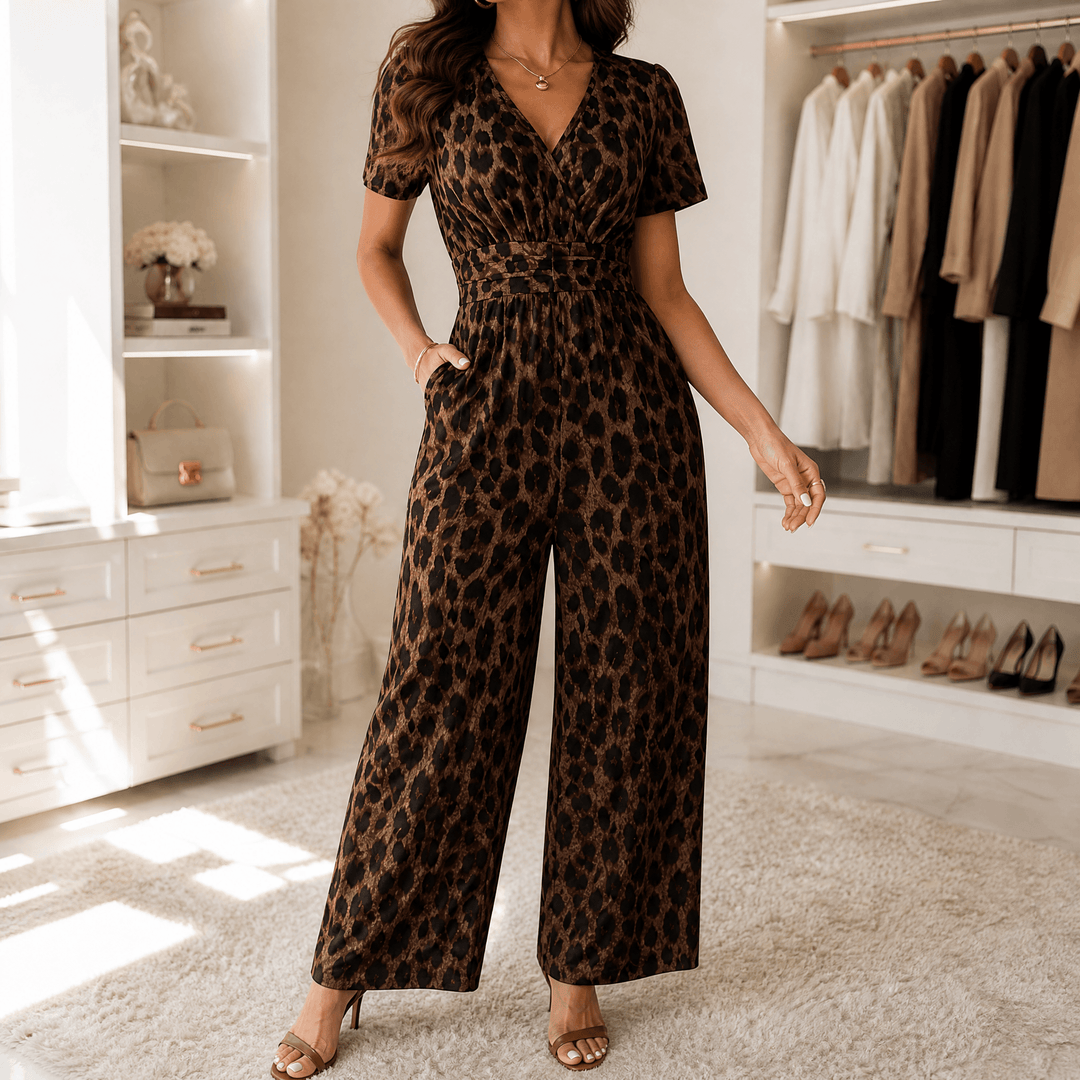 Florenza – Women's Cinched-Waist Leopard Jumpsuit Deep Brown / S