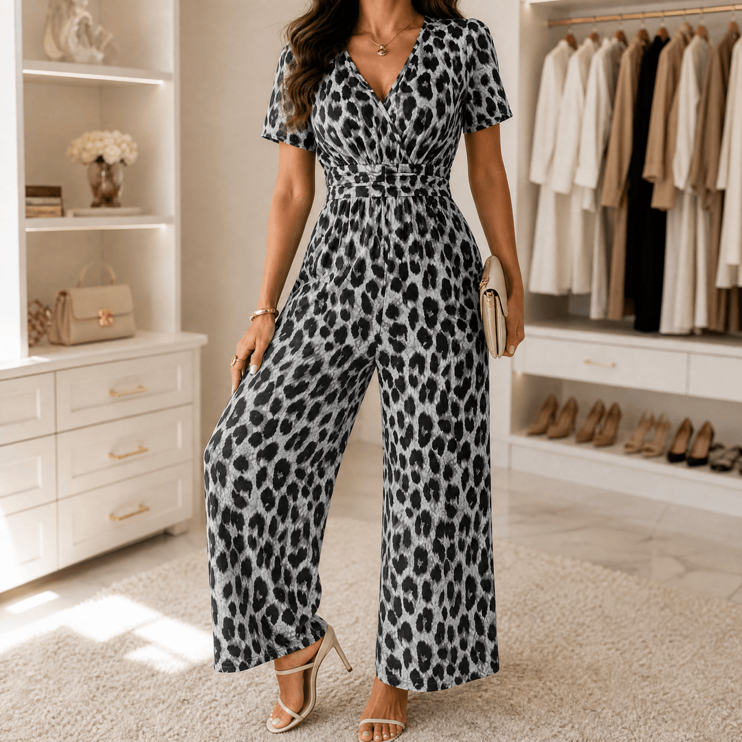 Florenza – Women's Cinched-Waist Leopard Jumpsuit Gray / S