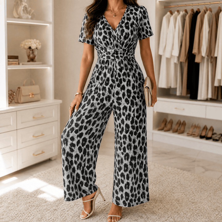 Florenza – Women's Cinched-Waist Leopard Jumpsuit Gray / S