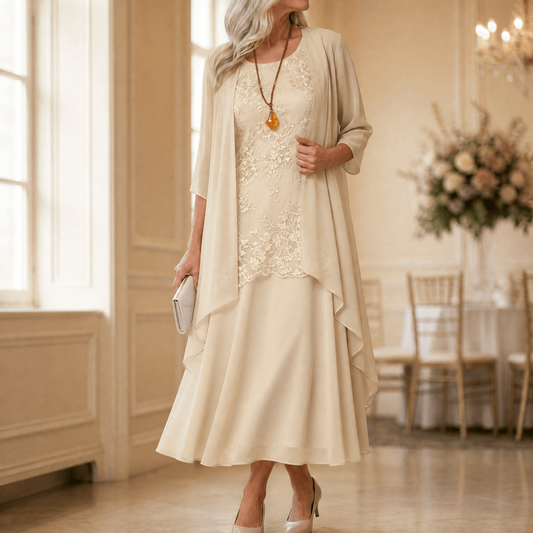 Florenza – Women's Elegant Lace and Chiffon Dress Set Champagne