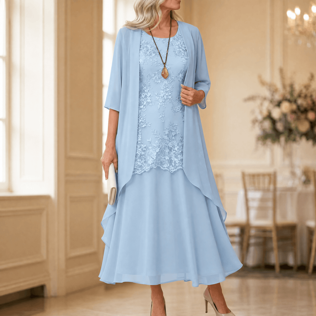 Florenza – Women's Elegant Lace and Chiffon Dress Set Dusty Blue