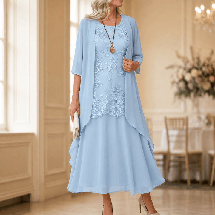 Florenza – Women's Elegant Lace and Chiffon Dress Set Dusty Blue