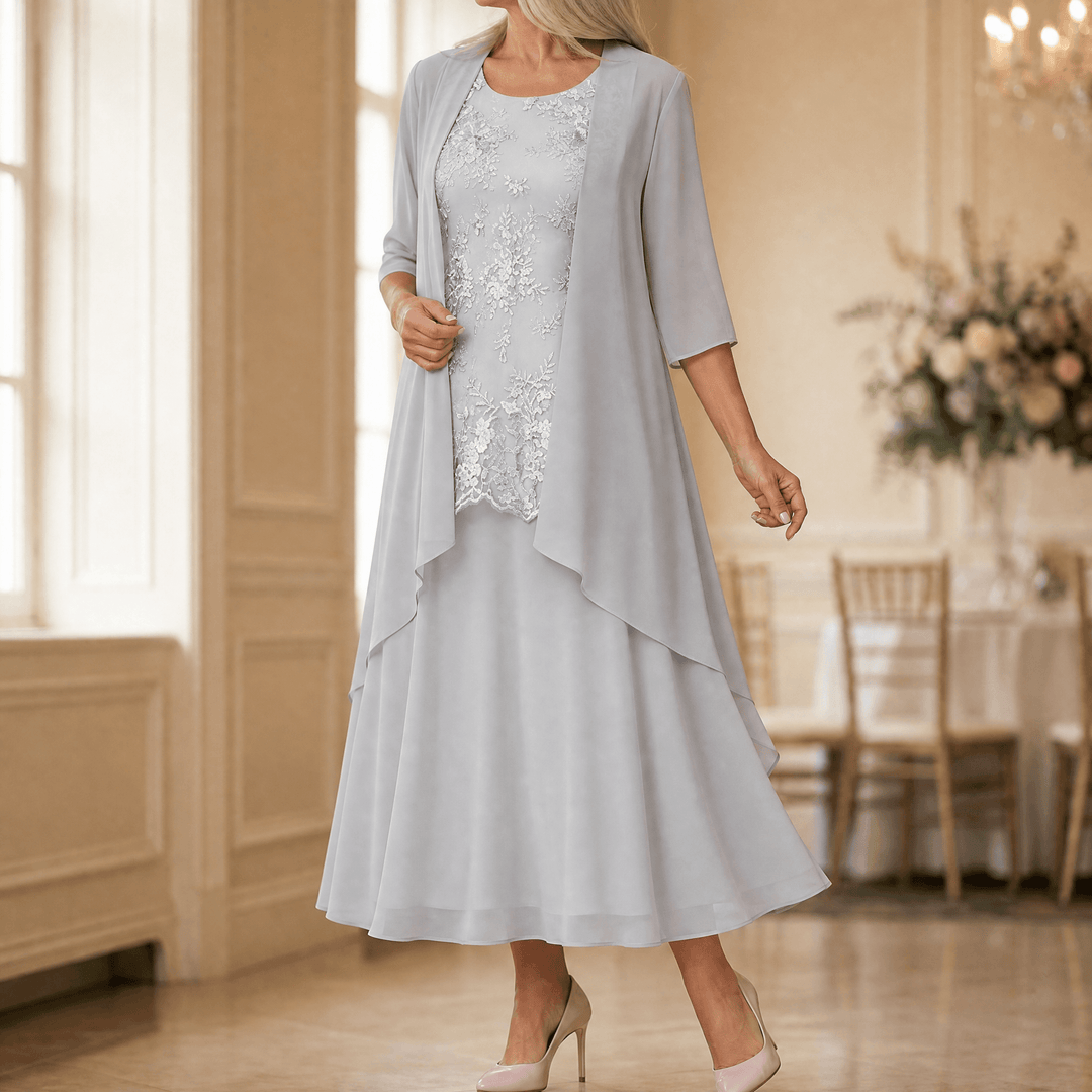Florenza – Women's Elegant Lace and Chiffon Dress Set Gray