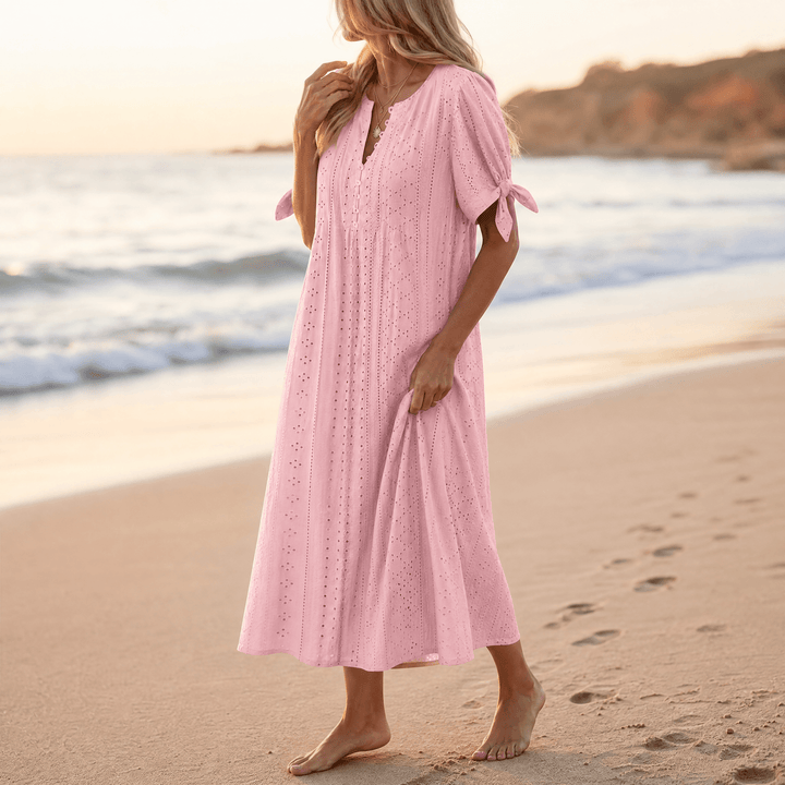 Florenza – Women's Eyelet Midi Dress with Tie-Bow Sleeves dusty pink