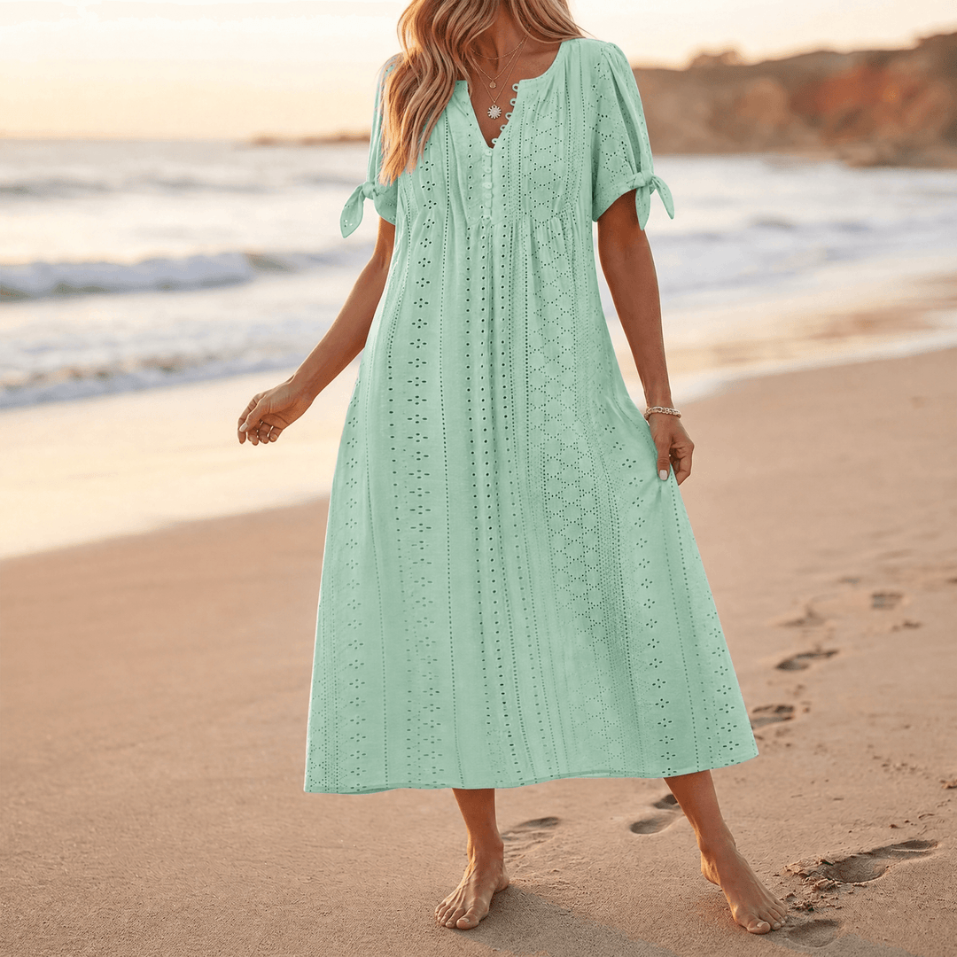 Florenza – Women's Eyelet Midi Dress with Tie-Bow Sleeves sage green