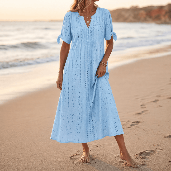 Florenza – Women's Eyelet Midi Dress with Tie-Bow Sleeves sky blue