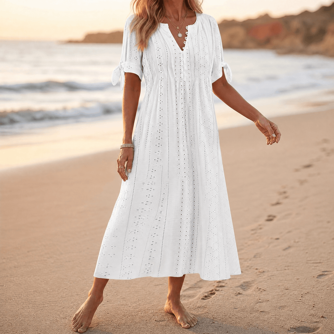 Florenza – Women's Eyelet Midi Dress with Tie-Bow Sleeves white