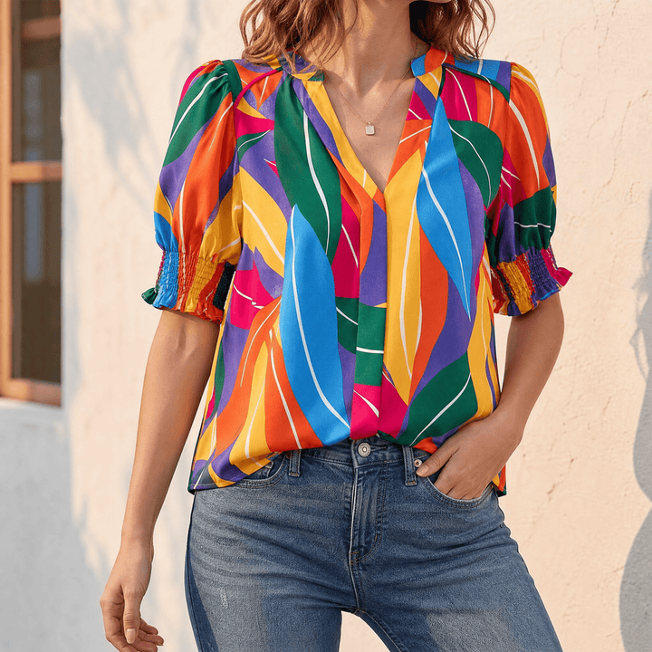 Florenza – Women's Floral Puff Sleeve V-Neck Blouse Multicolor 3 (Abstract) / S