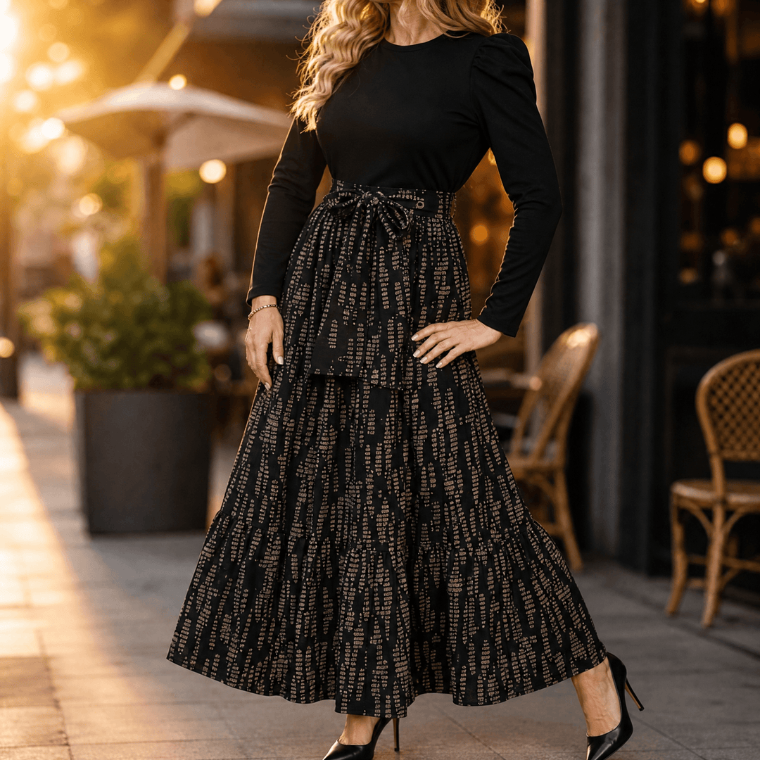 Florenza – Women's Floral Tie-Waist Maxi Dress Black with Gold