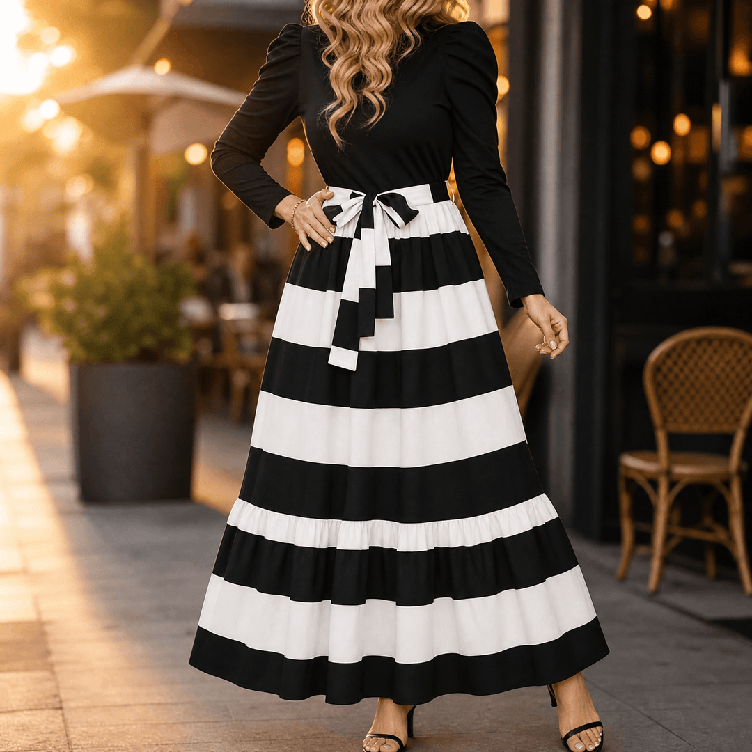 Florenza – Women's Floral Tie-Waist Maxi Dress Black with White