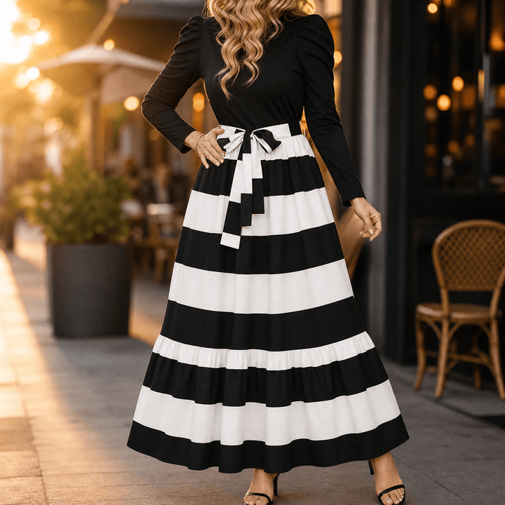 Florenza – Women's Floral Tie-Waist Maxi Dress Black with White