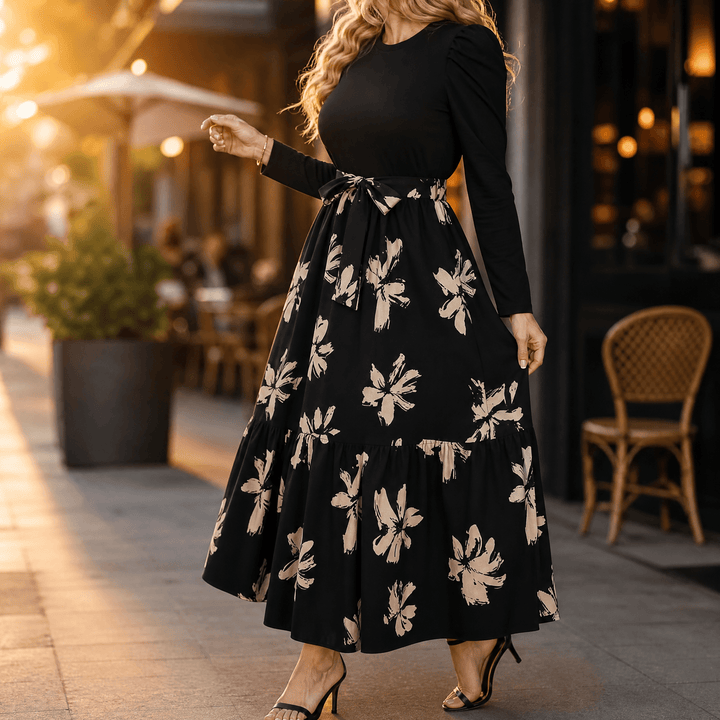 Florenza – Women's Floral Tie-Waist Maxi Dress Black
