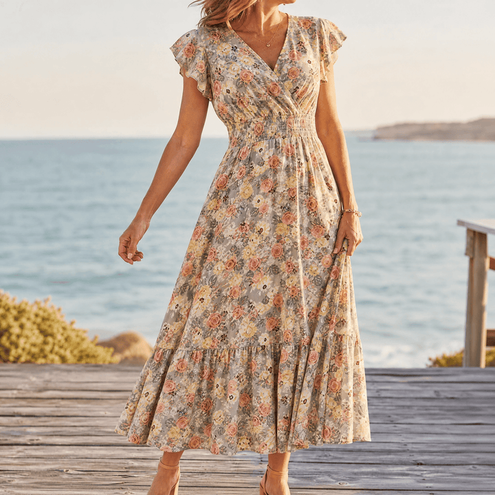 Florenza – Women's Floral V-Neck Smocked Midi Dress khaki cream floral