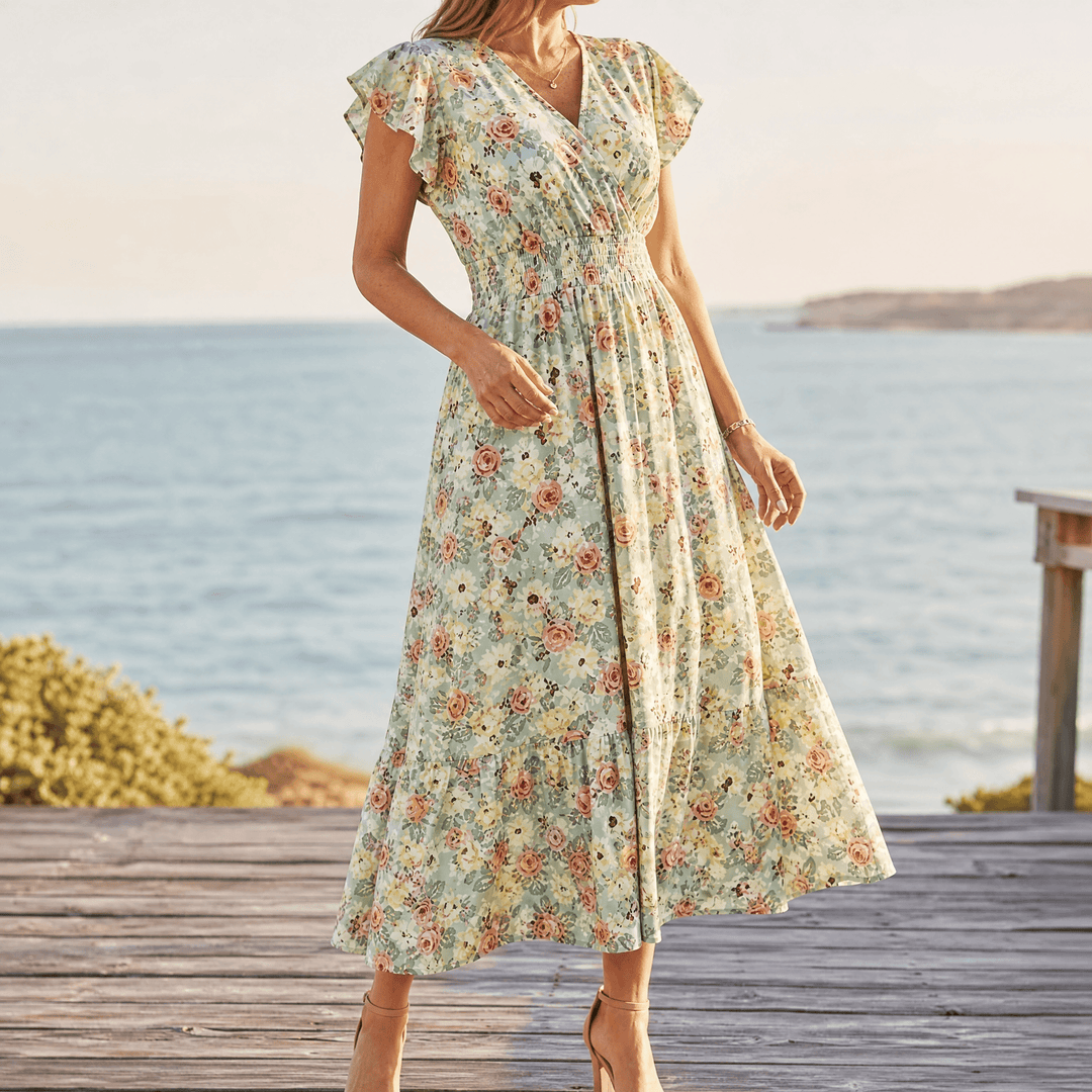 Florenza – Women's Floral V-Neck Smocked Midi Dress sage green floral