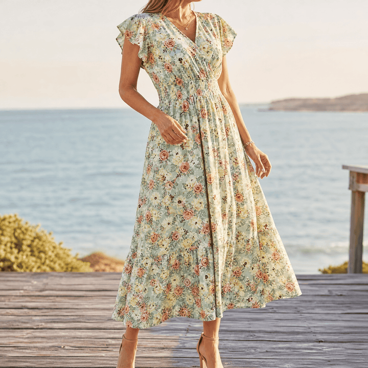 Florenza – Women's Floral V-Neck Smocked Midi Dress sage green floral