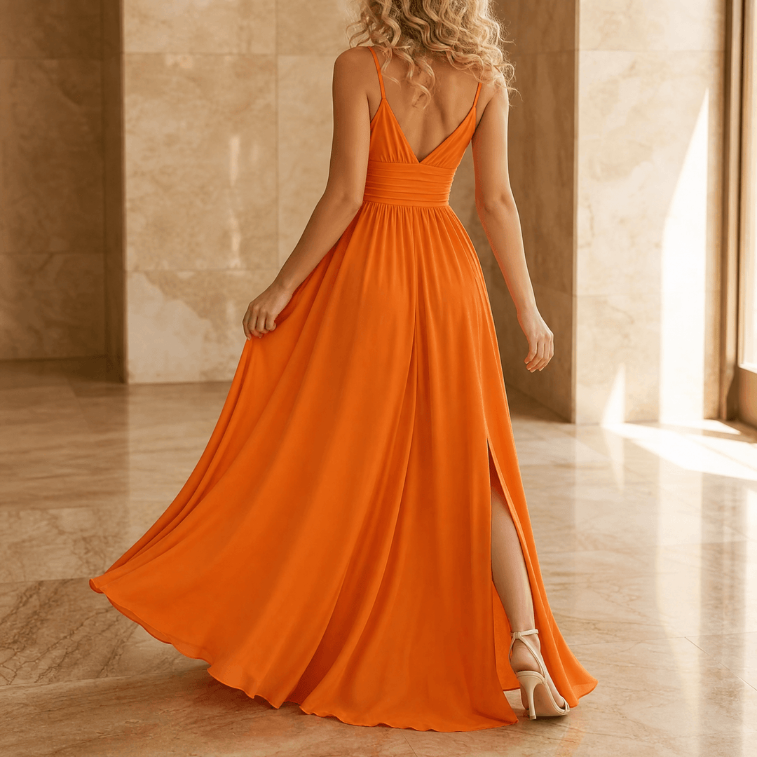 Florenza – Women's Flowing V-Neck Maxi Dress Orange