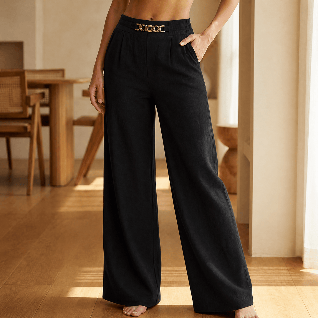 Florenza – Women’s Gold Accent Wide Leg Trousers Black
