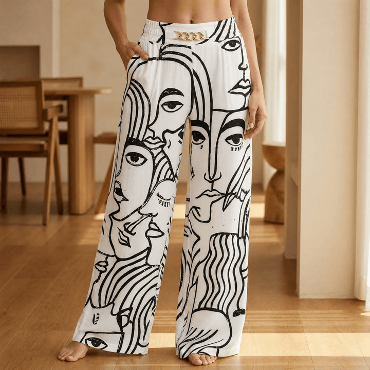 Florenza – Women’s Gold Accent Wide Leg Trousers Faces
