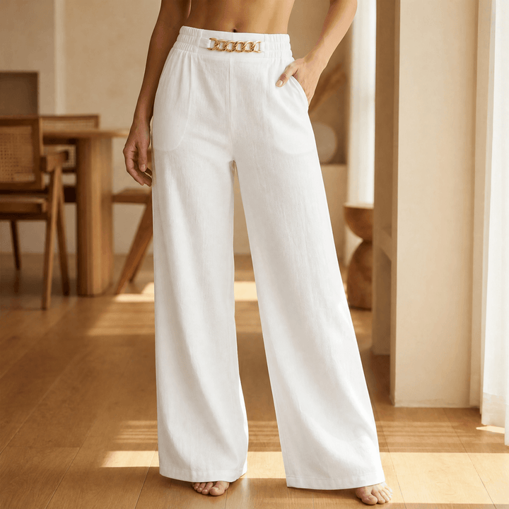 Florenza – Women’s Gold Accent Wide Leg Trousers White