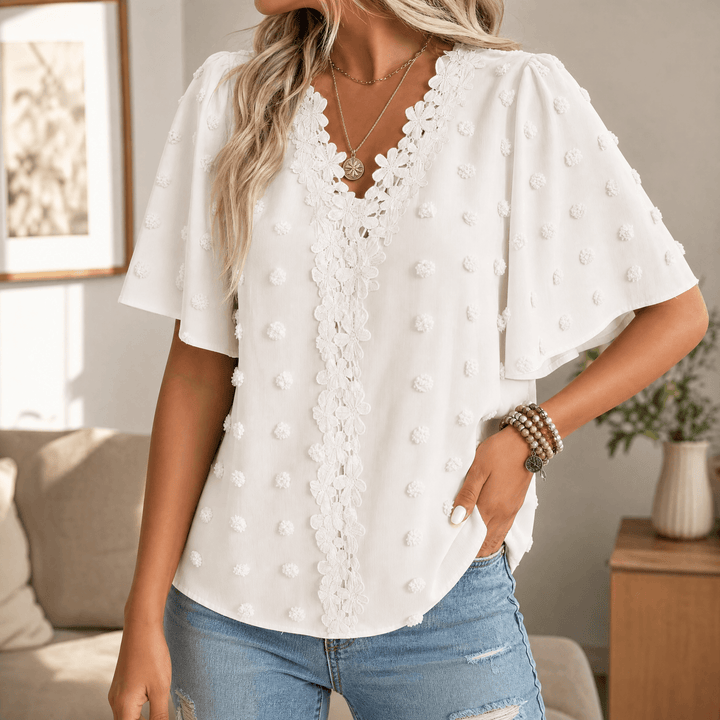 Florenza – Women's Jacquard Crochet-Lace V-Neck Blouse Off White / S