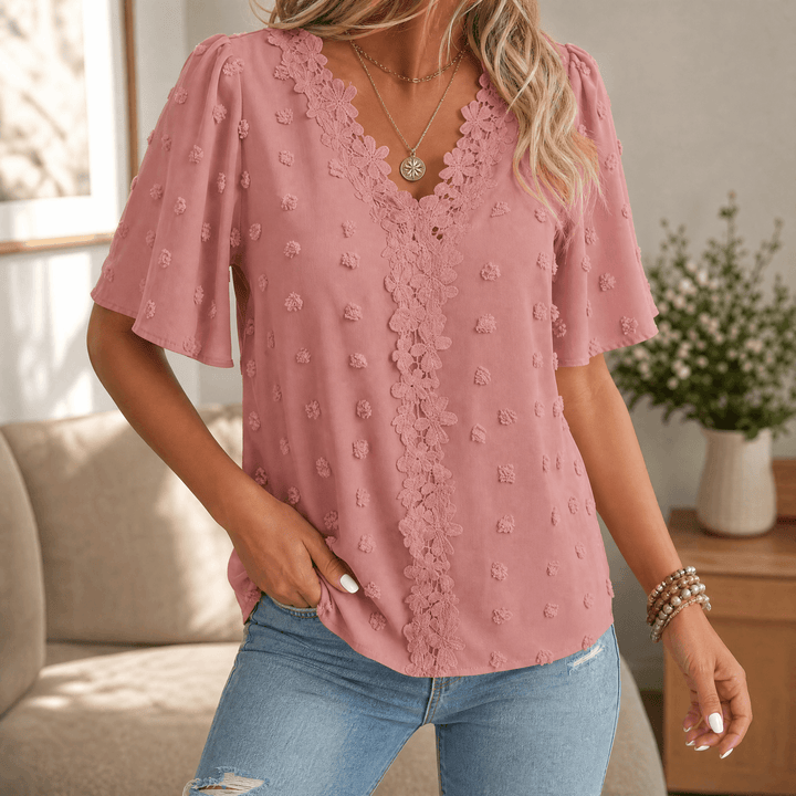 Florenza – Women's Jacquard Crochet-Lace V-Neck Blouse Pink / S