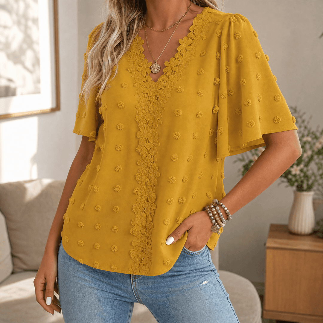 Florenza – Women's Jacquard Crochet-Lace V-Neck Blouse Yellow / S