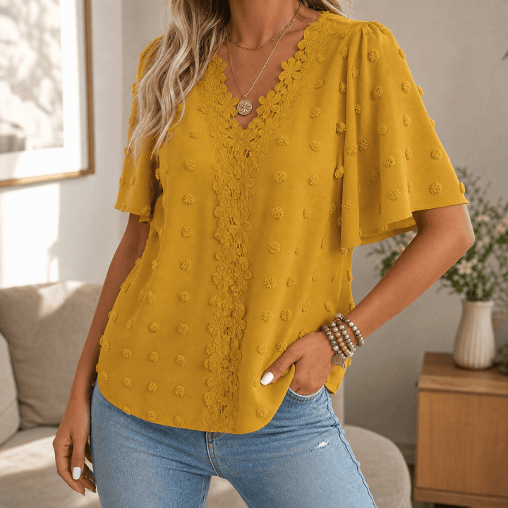 Florenza – Women's Jacquard Crochet-Lace V-Neck Blouse Yellow / S