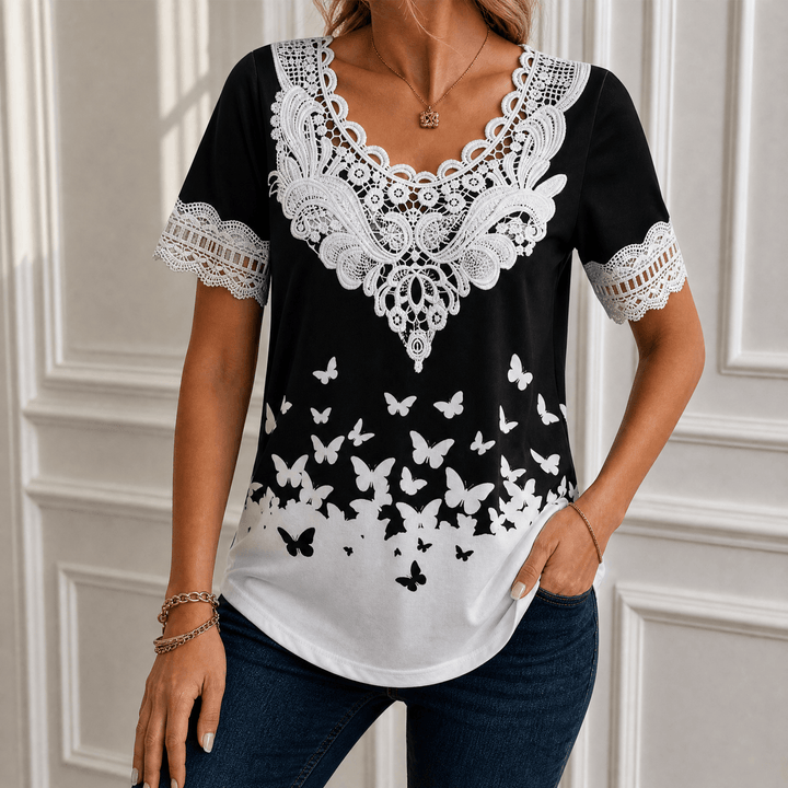 Florenza – Women's Lace Yoke Floral Blouse Black Butterfly / S