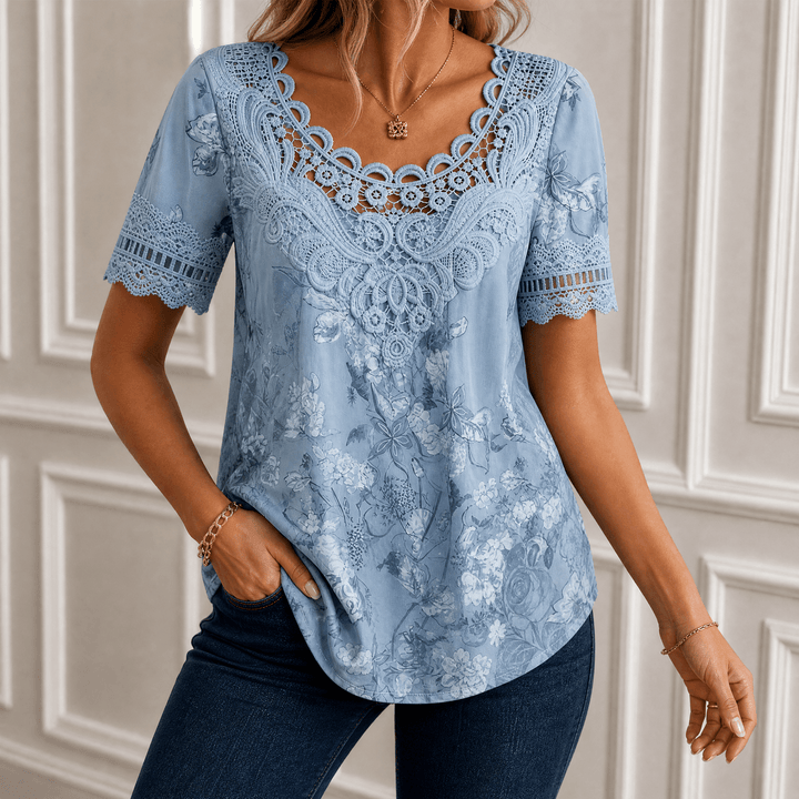 Florenza – Women's Lace Yoke Floral Blouse Dusty Blue / S