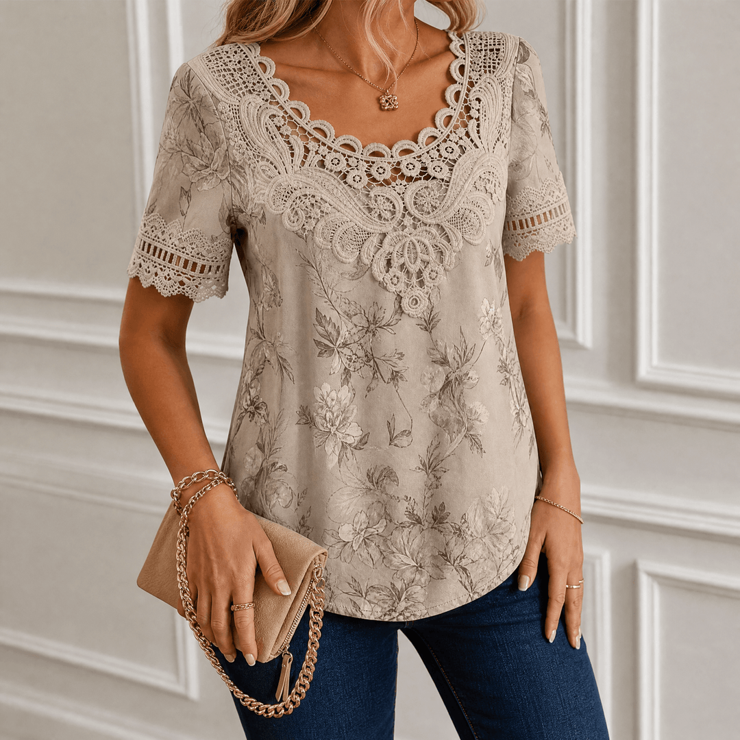 Florenza – Women's Lace Yoke Floral Blouse Warm Taupe / S
