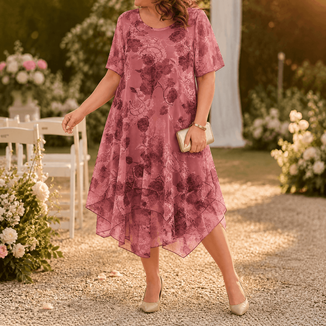 Florenza – Women's Layered Chiffon Floral Dress burgundy rose